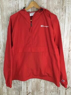 Men's Columbia Red Jacket Windbreaker Pockets Lightweight Hooded Large 1/4th Zip